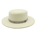 Detail view of woven straw hat with silver rhinestone band and golden M emblem - M (56-58cm) / Cream