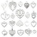 Bright silver alloy heart charm assortment featuring openwork patterns and wing designs - Mixed 20pcs Bright Silver Heart Series
