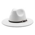 Close-up of white wool fedora with brown pebbled leather band and engraved silver buckle - M (56-58cm) / White