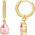 Elegant gold drop earrings featuring pink pear-shaped zircon stones and pavé accents - November Pink