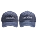 Close-up of embroidered Grandma and Grandpa letters on washed cotton baseball caps - GRANDPA & GRANDMA (2 Pcs Set) / Navy Blue
