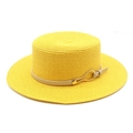 Detail of yellow flat-top straw hat with khaki leather band and gold fish buckle - M (56-58cm) / Yellow