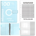 Blue 100 Envelope Challenge Binder for couples with $5,050 savings tracker and PU leather cover - Blue Shell + 25 Numbered Sleeves + 1 100-Day Tracker / Blue (Printed + 1 Tracker Paper)