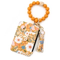 Yellow floral print leather card holder wallet with silicone bead wristlet keychain - Yellow Floral Style