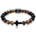 Tiger eye and black stone beaded bracelet with cross and letter O engraving - Letter O