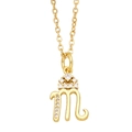 Macro shot of gold necklace featuring letter 'm' pendant with crown and micro-set zircons - Letter M