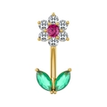Golden belly button ring with pink zircon flower and green leaves on white background - Flower Style (2927金色)