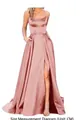 Elegant dusty pink satin long evening dress with thin straps and high side slit - US size 12 (L) / Tops / Dusty Pink