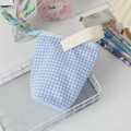 Blue and white plaid fabric pencil case featuring a convenient handle and snap button - Blue Plaid