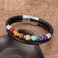 Mens braided black leather chakra bracelet with seven colorful natural stones and magnetic clasp - 21cm / Silver-Style B