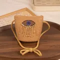Mini straw bucket bag for girls with blue evil eye rhinestone design and gold tassels - Kids / Khaki
