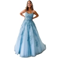 Elegant baby blue tulle prom dress with spaghetti straps and floral lace appliques - US size 2 / Top And Bottom / Sky Blue