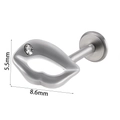 Lip-shaped stainless steel labret stud with crystal inlay and flat back design - Lips with Rhinestone (#18) / 1.2*8mm / Silver