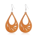 Detailed view of hollow leaf pattern teardrop wooden earrings with silver hooks - Style 16/Teardrop Leaf Flame Hollow