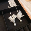 Detail of elegant white shell petal earrings with pearls on black velvet display - 22# Silver Earring Clasp - Irregular Shell/Pearl Long Tassel Style