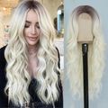 Ombre dark brown to platinum blonde long wavy lace wig for women on model and mannequin - Dark Brown to Blonde Ombre