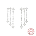 Detail of 925 sterling silver triple chain tassel earrings with clear gemstones on white - Triple Tassel Chain / Platinum-Tassel Chain