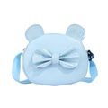 Light blue crossbody bag for kids featuring a large bow and sparkly rainbow bear ears - Blue