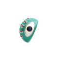 Detail eines grünen Emaille-Augenrings mit roten und blauen Edelsteineinlagen am Band - Einstellbar Offen / Grün
