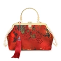 Red satin shell bag with floral embroidery, pearl strap, and long silk tassels - Burgundy