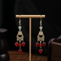 Classic Chinese style earrings with golden hollow flower charm and red beaded tassels - Gold Hollow Flower Red-Green Bead (E1535-1)