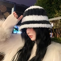 Winter fluffy knit bucket hat with black and white stripes for warmth and style - Striped Fisherman-White