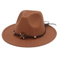 Close-up of brown wool fedora with woven rope, metal flowers and bohemian tassels - M (56-58cm) / Khaki