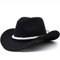 Chapeau de cowboy western classique en feutre noir avec perles blanches et cordon en cuir - M (56-58cm) Réglable / Noir