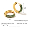 Vintage 18K gold plated stainless steel hoop earrings with round green gemstones - Round Green Stone Inlaid Style (YE40)