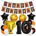 Kit déco fête basket avec trophée de champion, ballons étoiles et chiffre numéro dix - Double Chiffre (Thème Basket)