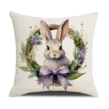 Osterhasen Kissenhülle mit Aquarell Blumenkranz und lila Schleife auf beigem Leinen - Hase im Kranz (Muster 2)