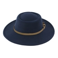 Detailed view of dark blue wool fedora hat with khaki leather band and gold metal buckle - One Size(58cm) / Navy Blue