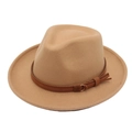 Classic khaki wool fedora hat with brown leather band and gold metal tassel accent - One Size / Camel (Heart Brim with Yellow Rope)