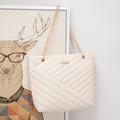 Chic cream-white tote bag with V-quilt pattern and elegant gold chain strap detail - Off White