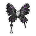 Dettaglio del ciondolo a farfalla nera con smalto viola e zircone a goccia lucido - Argento 925 / Ciondolo Solo (Senza Catena) (PNC0185)