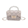 Mini beige jelly bag for kids with pearl handle, diamond quilt, and gold chain strap - Khaki