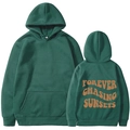 Dark green long sleeve hoodie featuring orange Forever Chasing Sunsets print on the back - S / Dark Green