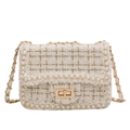 Mini tweed crossbodytas in crème met parelafwerking en gouden ketting in luxe stijl - Wit Geruit Geüpgraded