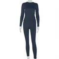 Detail view of a slim-fit navy long sleeve top and matching pants on a ghost mannequin - S / Black