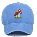 Vintage washed light blue cotton baseball cap with red mushroom embroidery and curved brim - Adjustable / Light Blue