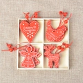 Red wooden Christmas ornaments set with reindeer and angels in a four-compartment box - Style K Heart/Angel/Elk/Bird
