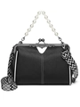 Detail of vintage black crossbody bag with pearl handle and geometric patterned strap - Pearl-Black & White