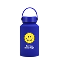 Navy blue vacuum insulated water bottle with yellow smiley face and handle design - Nice Day Smiley Blue