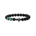 Macro detail of 8mm matte agate beads with tiger eye and a black cross bead on bracelet - Green
