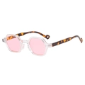 Classic hexagonal pink lens sunglasses with tortoiseshell temples in a 45-degree angle view - Transparent Frame Pink Lens
