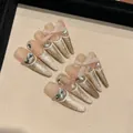 Champagne gold cat-eye press-on nails with 3D ribbon bows and rhinestone butterflies - Large (L)