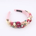 Pink baroque sponge headband with handmade dried fabric flowers and sparkling rhinestones - Pink