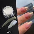 Detail view of aurora pearl nail powder Y451 with golden pearlescent finish on nails - Y451-White Chameleon / Aurora Yellow