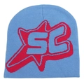 Detail of blue knitted beanie featuring red and white jacquard star and SC letter pattern - Light Blue