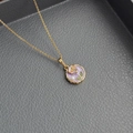 Baroque pearl necklace with a purple floral enamel pendant on a leather tray - Lotus Pendant Pearl-Purple 0363Z